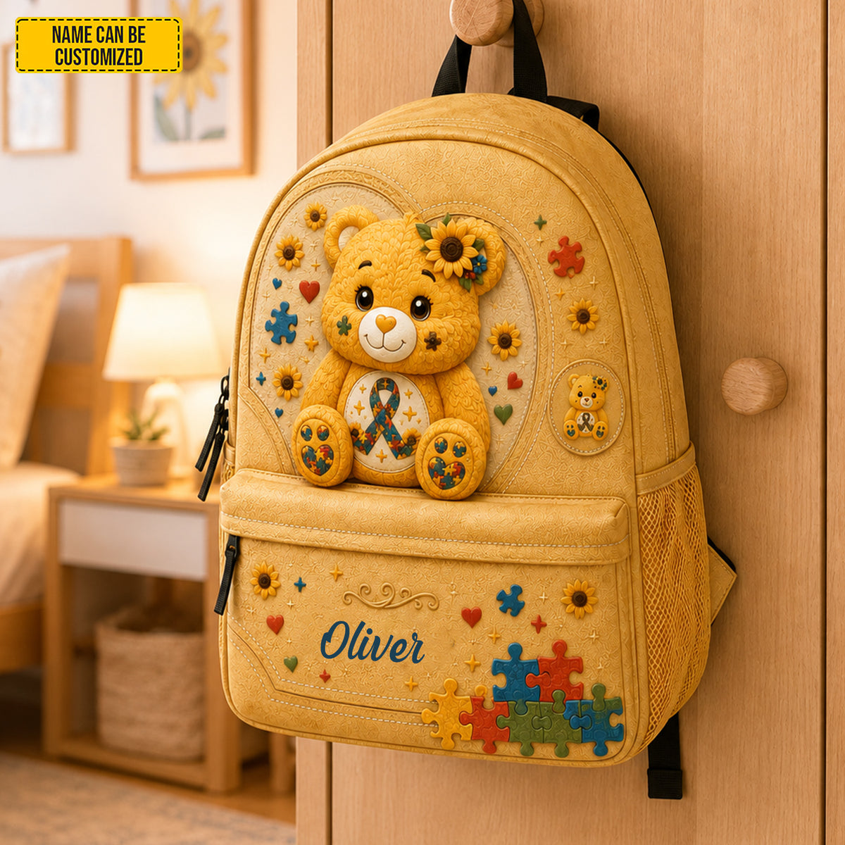 Personalized Autism Sunflower Bear Kids Backpack