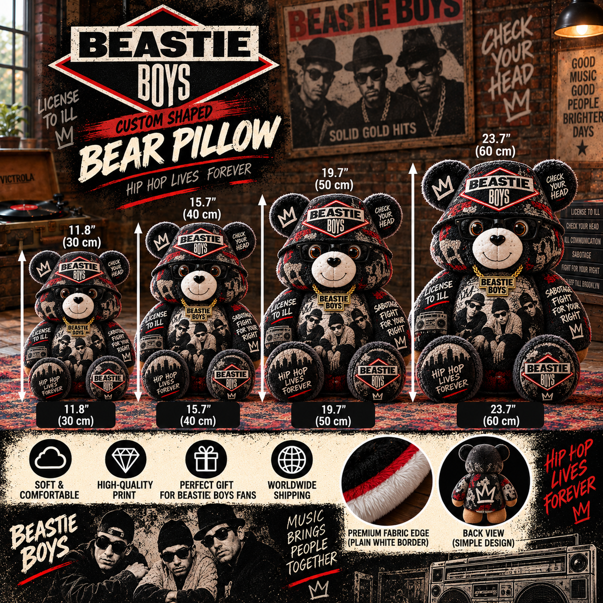 Beastie Boys Custom Shaped Bear Pillow – Old School Hip Hop Inspired Gift for Beastie Boys Fans