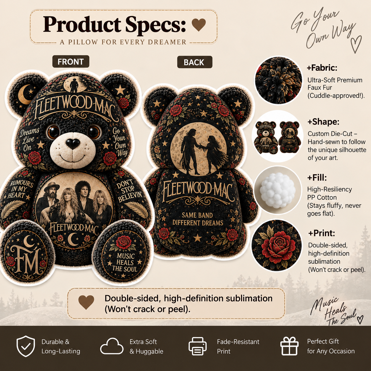Fleetwood Mac Bear Custom Shaped Pillow – Classic Rock Music Fan Gift, Vintage Rock Collectible