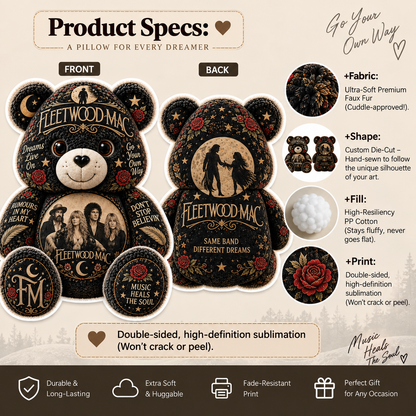 Fleetwood Mac Bear Custom Shaped Pillow – Classic Rock Music Fan Gift, Vintage Rock Collectible