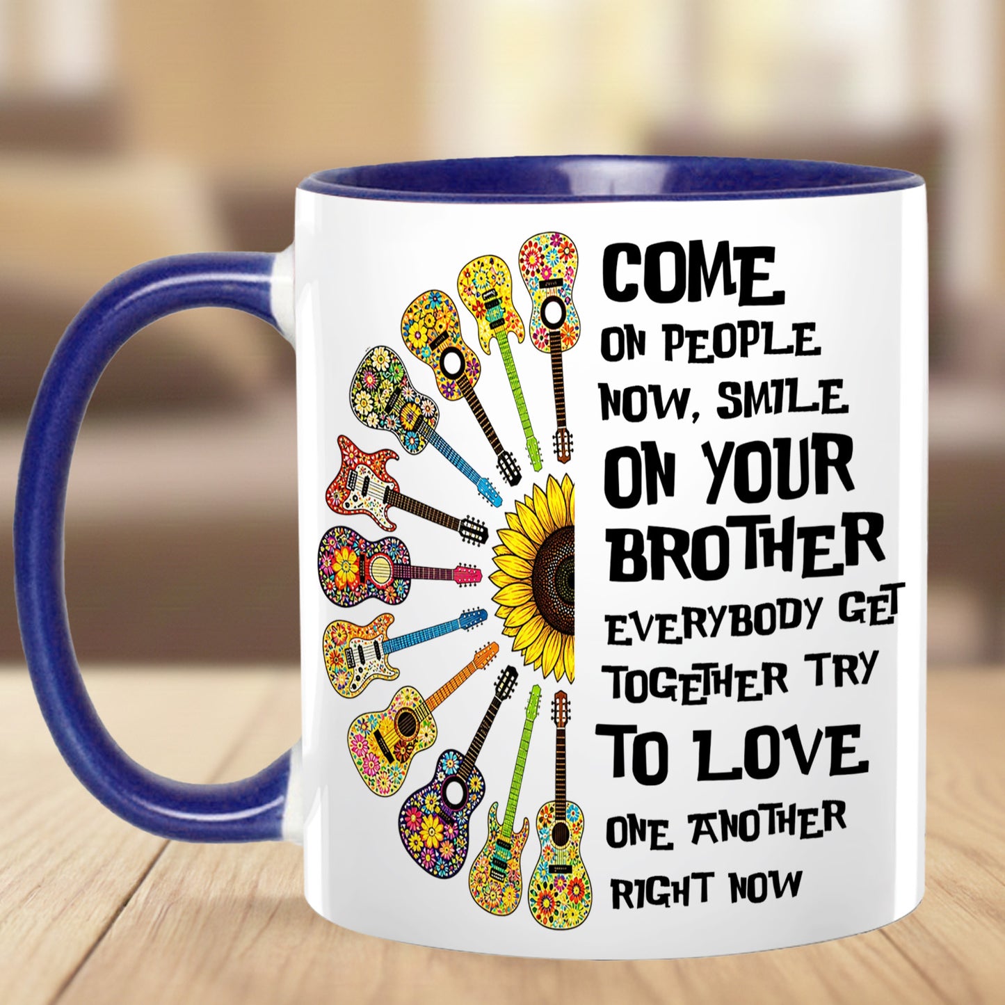 Come Together In Love – Hippie Guitar Sunflower Accent Mug