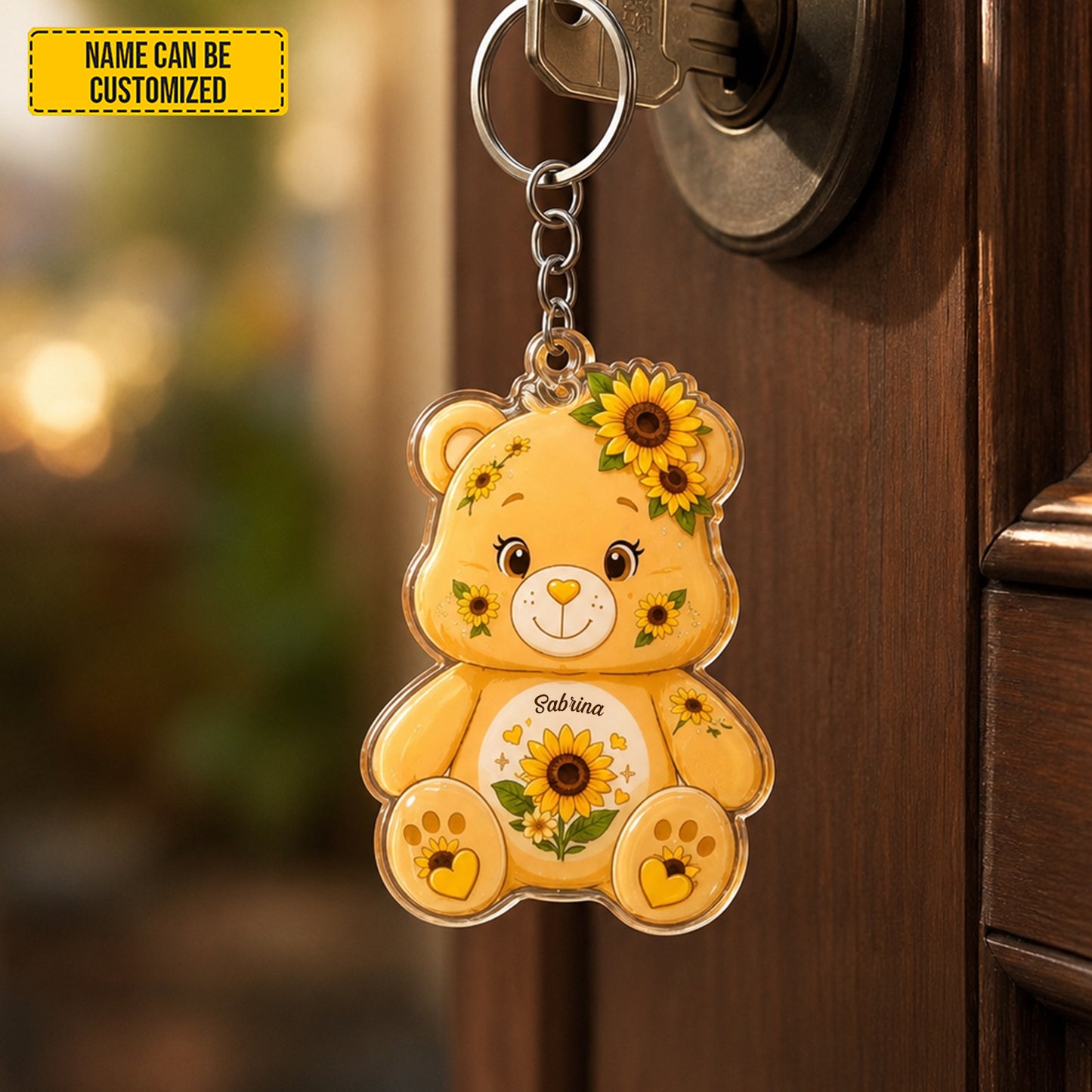Personalized Sunflower Bear Keychain