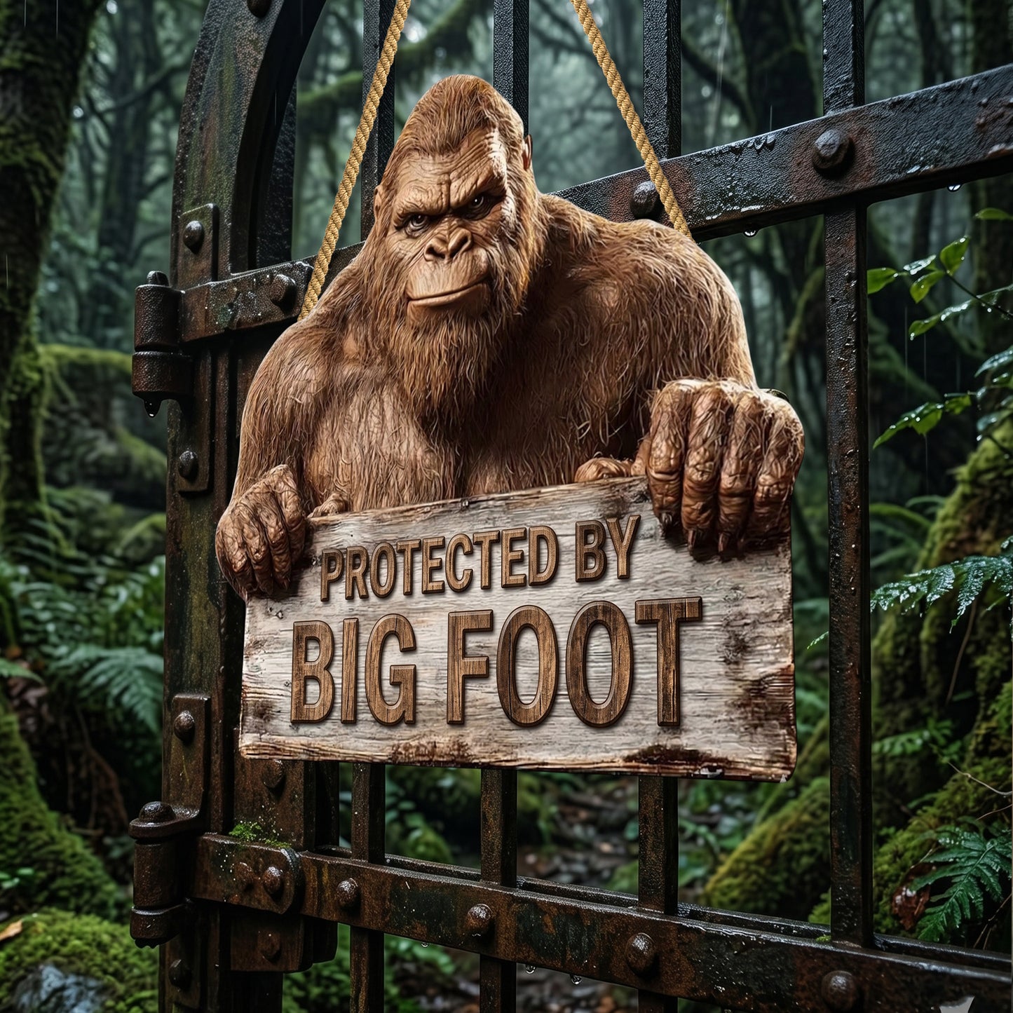 Protected By Bigfoot Wooden Sign