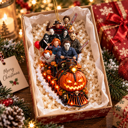Horror Icons Halloween Train Christmas Ornament – Spooky Slasher Characters Pumpkin Express Hanging Decoration, Horror Fan Gift