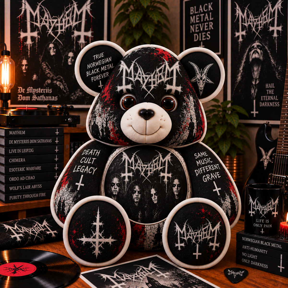 Mayhem Custom Shaped Bear Pillow – Norwegian Black Metal Inspired Gift for Fans
