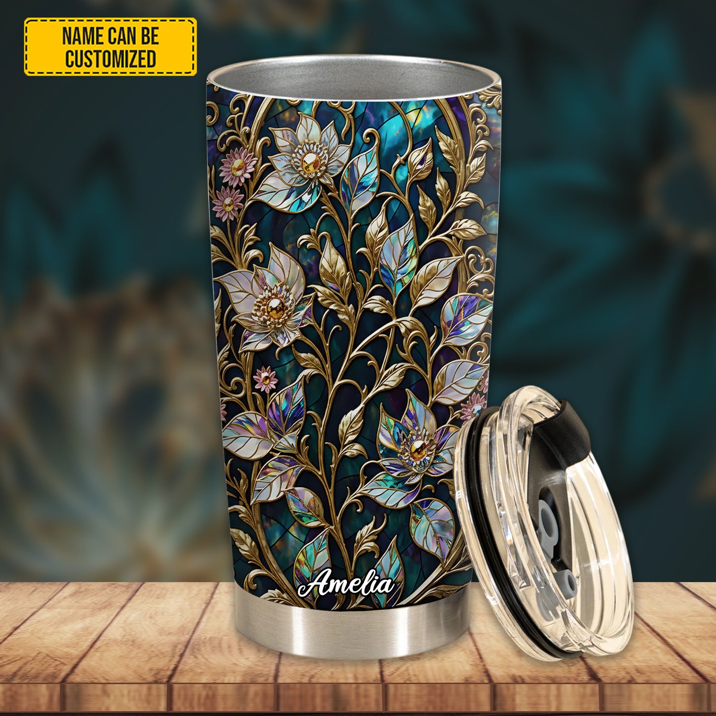 Personalized Waxflower & Celestial Quartz Stained Stained Glass Tumbler