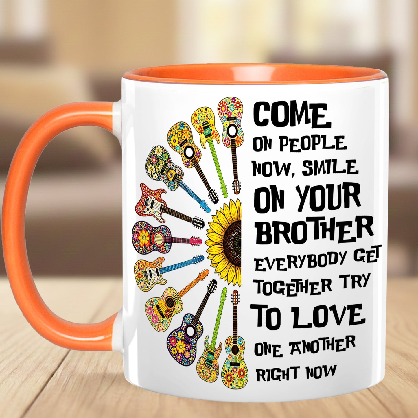 Come Together In Love – Hippie Guitar Sunflower Accent Mug