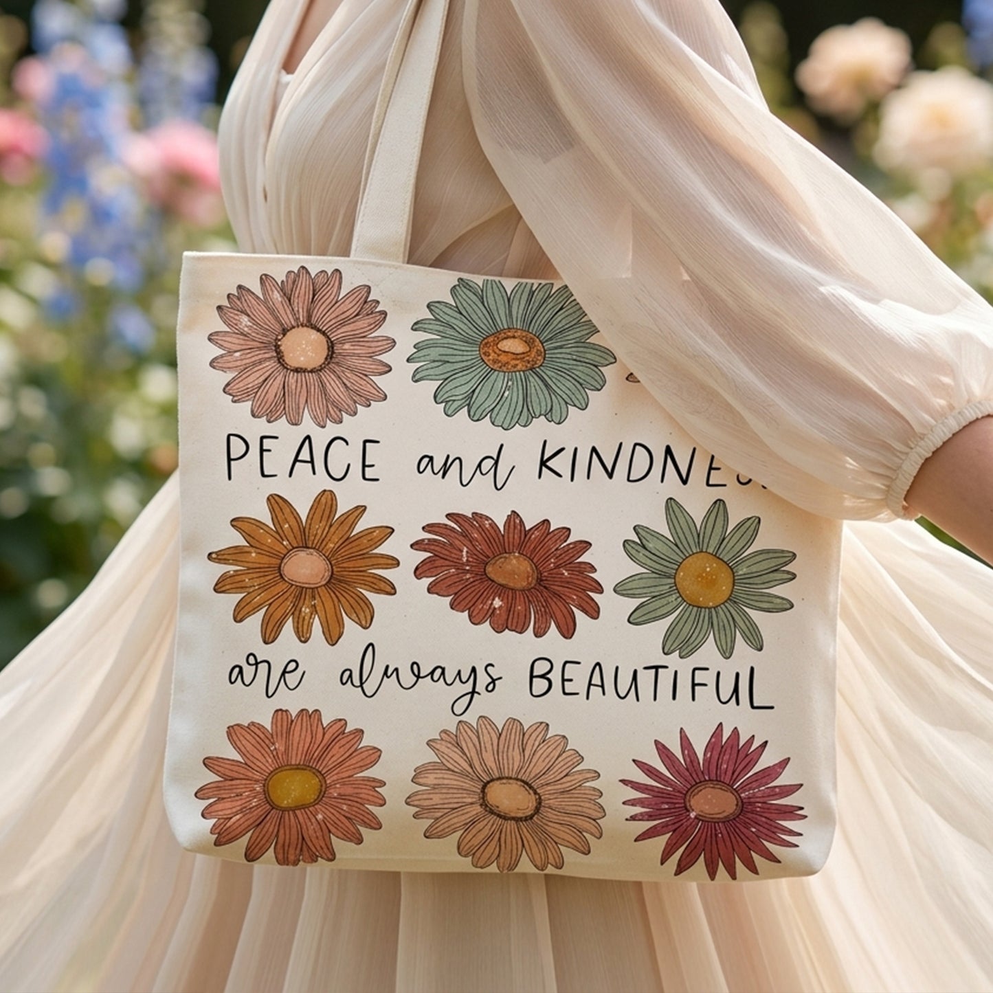 Peace And Kindness - Floral Tote Bag