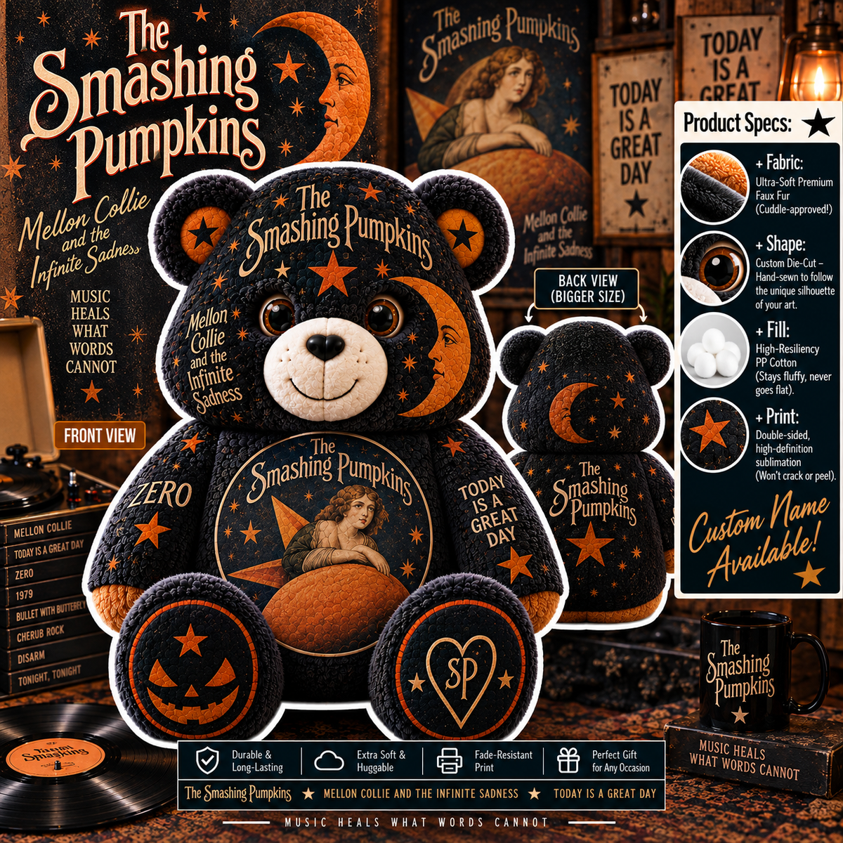 The Smashing Pumpkins Custom Shaped Bear Pillow – Alternative Rock Inspired Gift for Smashing Pumpkins Fans