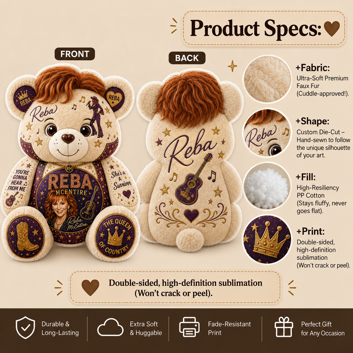 Reba McEntire Bear Custom Shaped Pillow – Queen of Country Music Fan Gift, Country Lover Decor