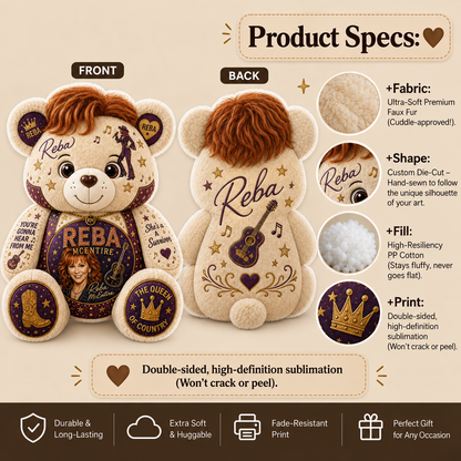 Reba McEntire Bear Custom Shaped Pillow – Queen of Country Music Fan Gift, Country Lover Decor