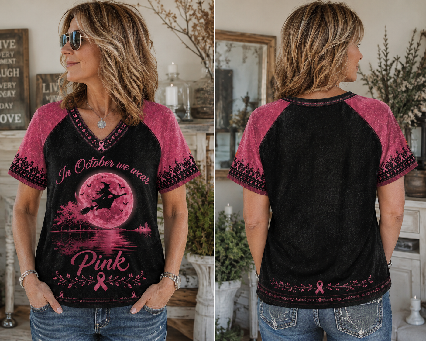 In October We Wear Pink Ribbon Witch Breast Cancer Halloween Shirt
