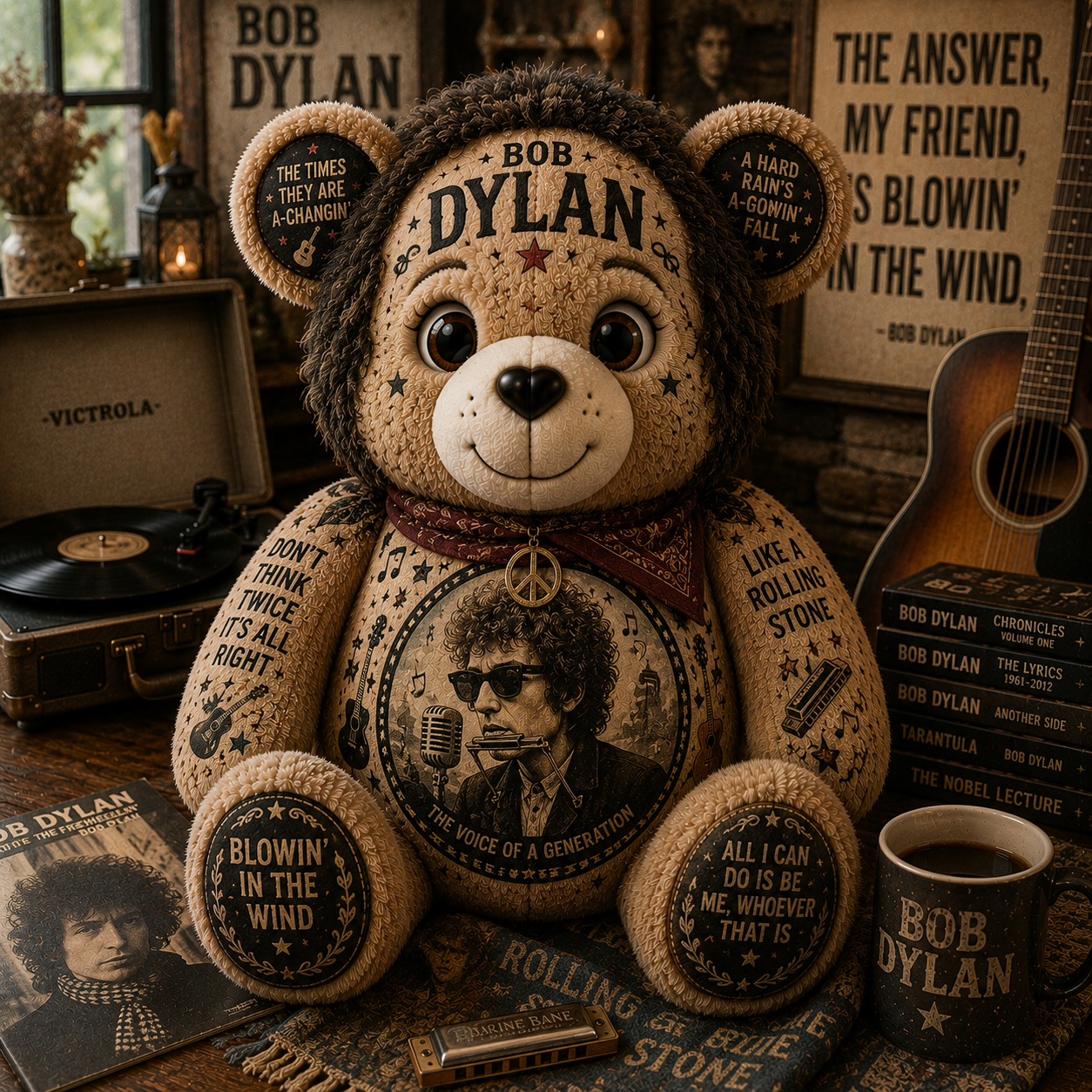 Bob Dylan Blowin’ in the Wind Bear Custom Shaped Pillow – Folk Rock Legend Music Lover Gift