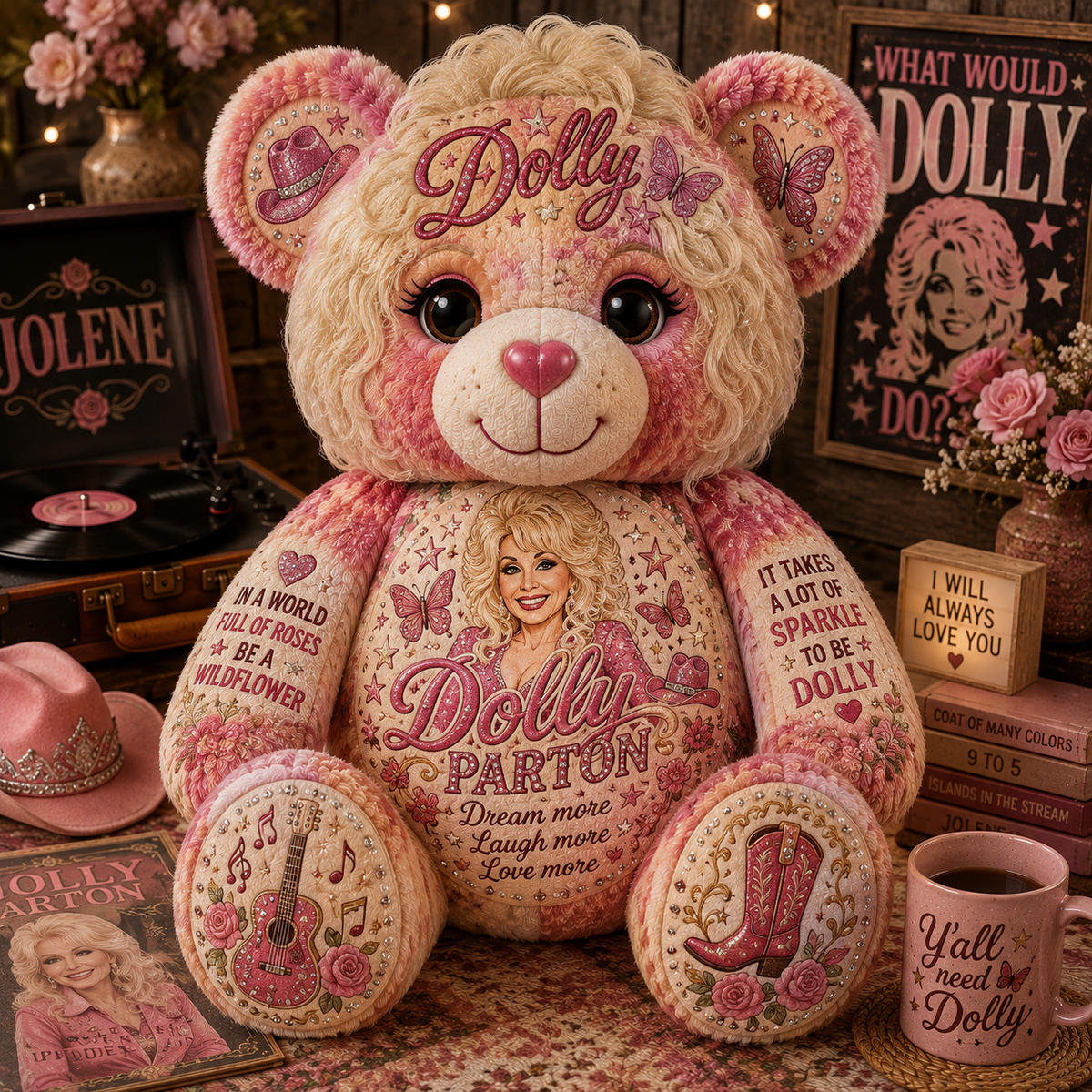 Dolly Parton Bear Pillow, Country Music Lover Gift, Dolly Inspired Teddy Bear, Gift for Women, Mom & Grandma