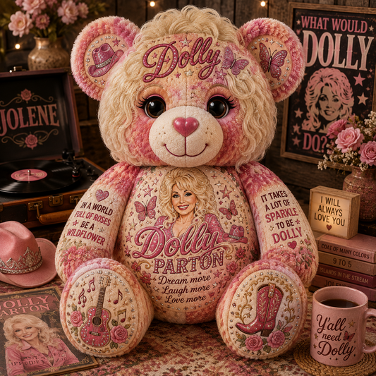Dolly Parton Bear Pillow, Country Music Lover Gift, Dolly Inspired Teddy Bear, Gift for Women, Mom & Grandma