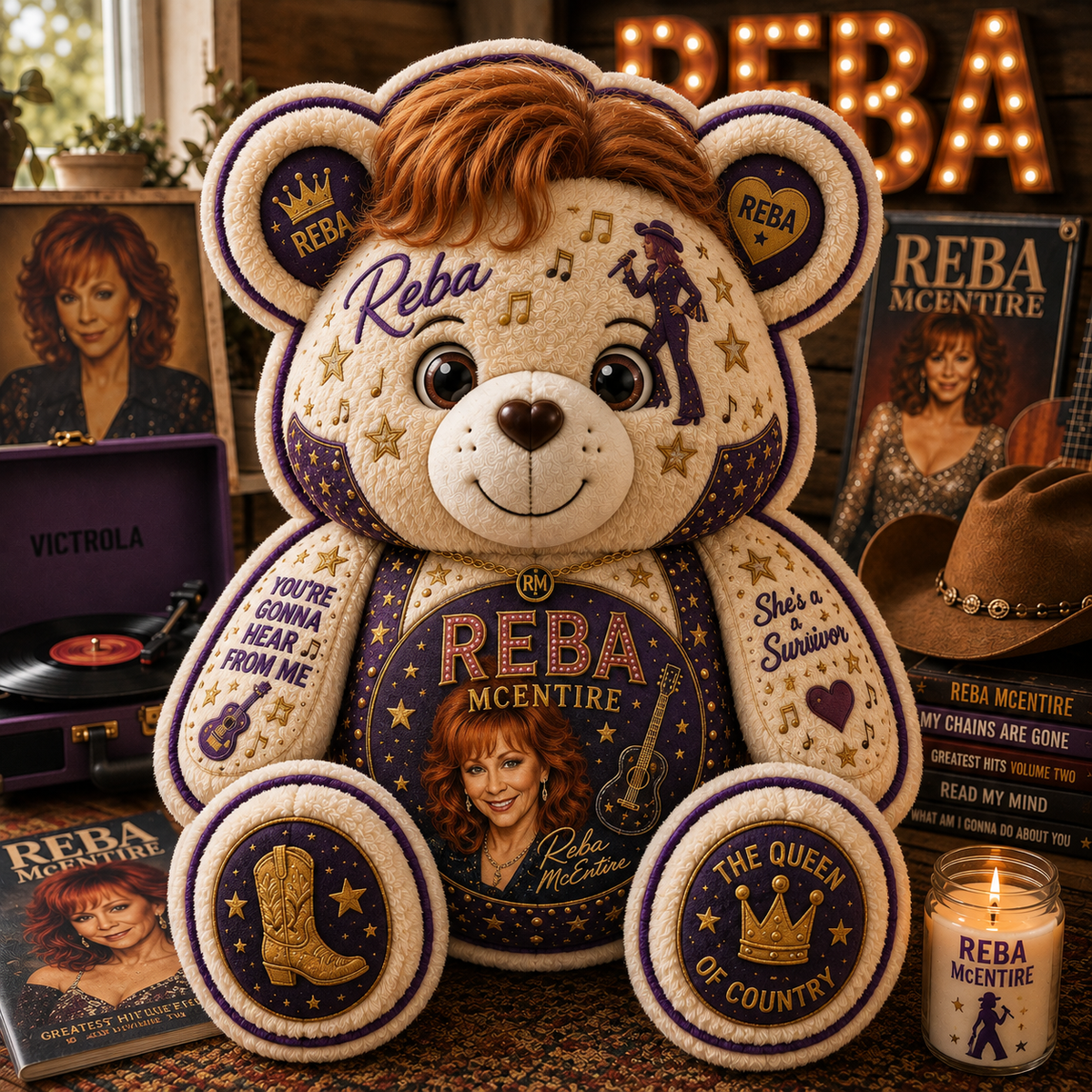 Reba McEntire Bear Custom Shaped Pillow – Queen of Country Music Fan Gift, Country Lover Decor