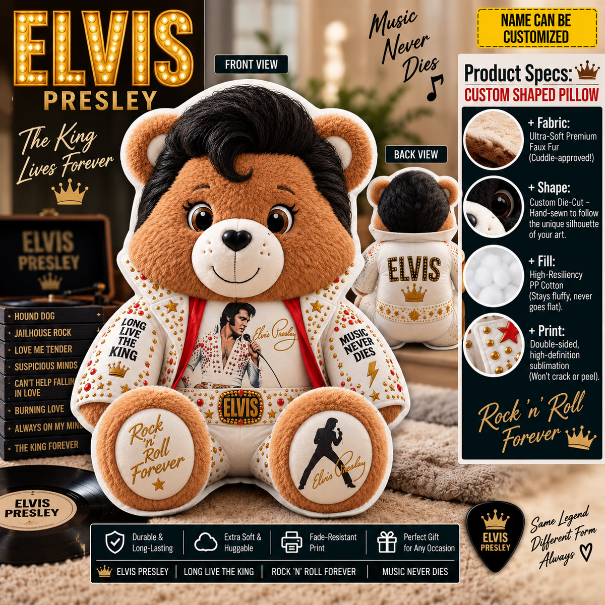 Elvis Presley Custom Shaped Bear Pillow – King of Rock ’n’ Roll Music Inspired Gift for Fans