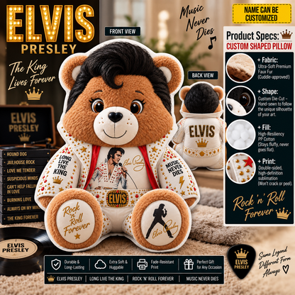 Elvis Presley Custom Shaped Bear Pillow – King of Rock ’n’ Roll Music Inspired Gift for Fans