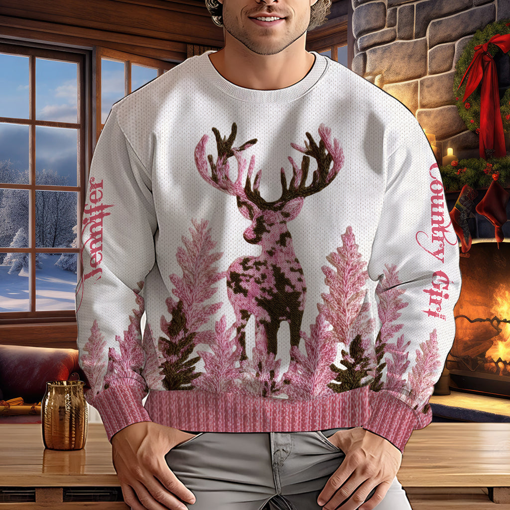Pink Antlers – Personalized Country Girl Christmas Ugly Sweater