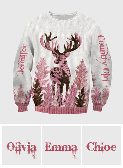 Pink Antlers – Personalized Country Girl Christmas Ugly Sweater