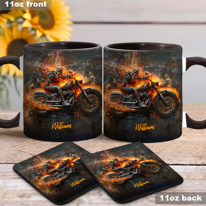 Skeleton Riding Flaming Motorcycle - Personalized Biker Accent Mug