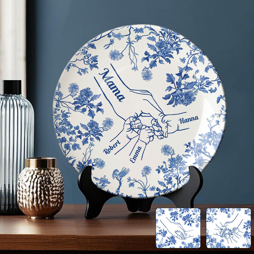 White & Blue Mother Children Hands - Personalized Mother Ceramic Round Plate