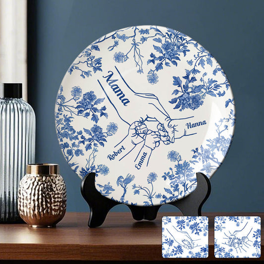 White & Blue Mother Children Hands - Personalized Mother Ceramic Round Plate