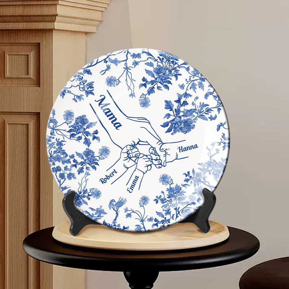 White & Blue Mother Children Hands - Personalized Mother Ceramic Round Plate
