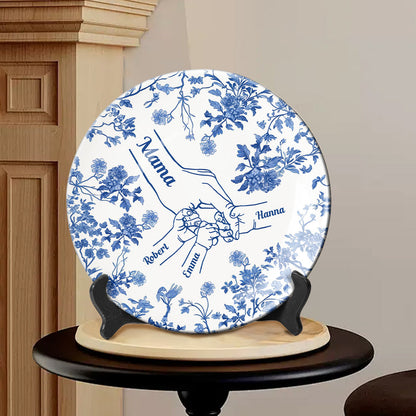 White & Blue Mother Children Hands - Personalized Mother Ceramic Round Plate