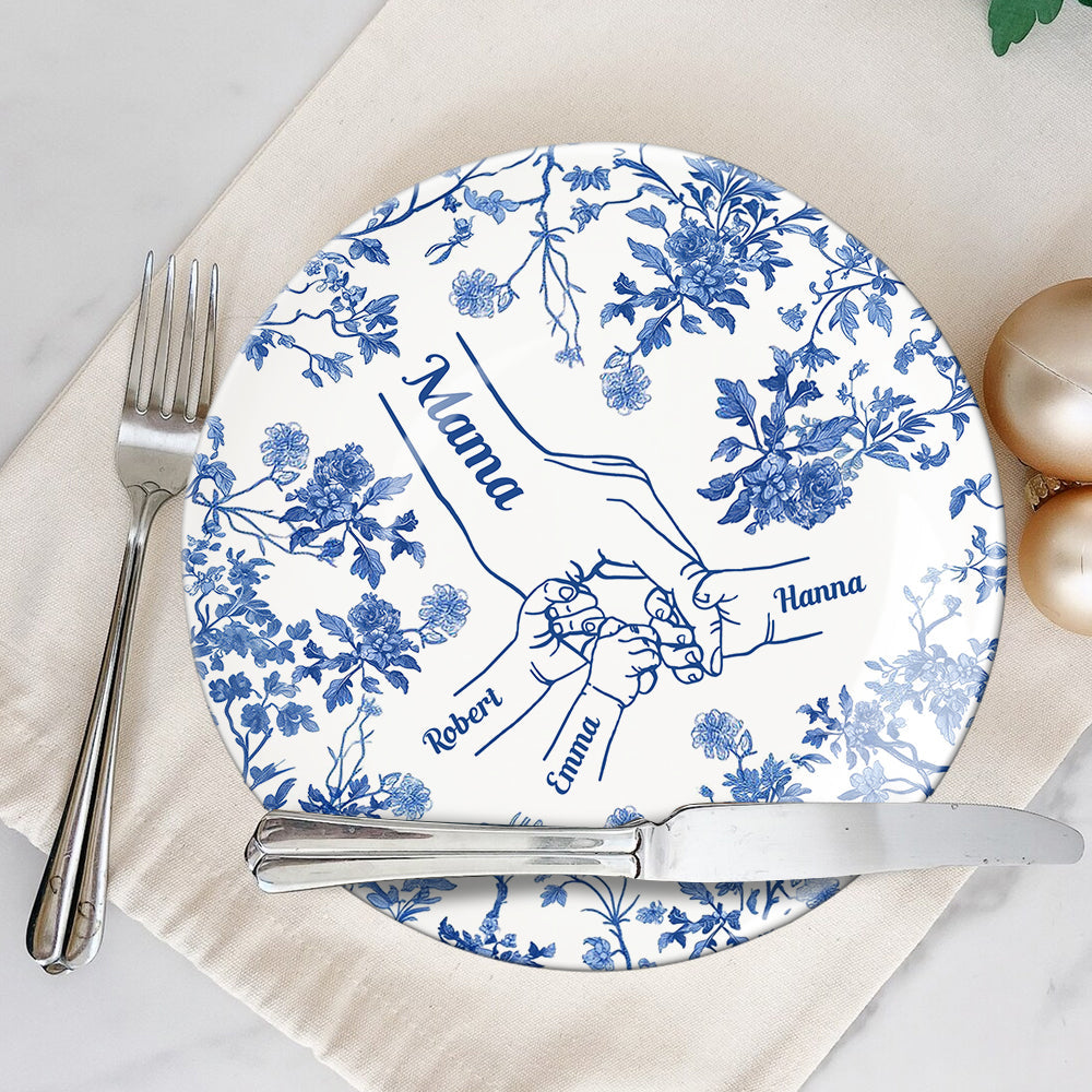 White & Blue Mother Children Hands - Personalized Mother Ceramic Round Plate