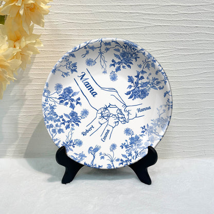 White & Blue Mother Children Hands - Personalized Mother Ceramic Round Plate