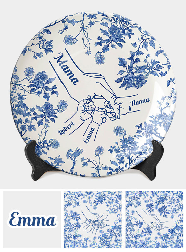 White & Blue Mother Children Hands - Personalized Mother Ceramic Round Plate
