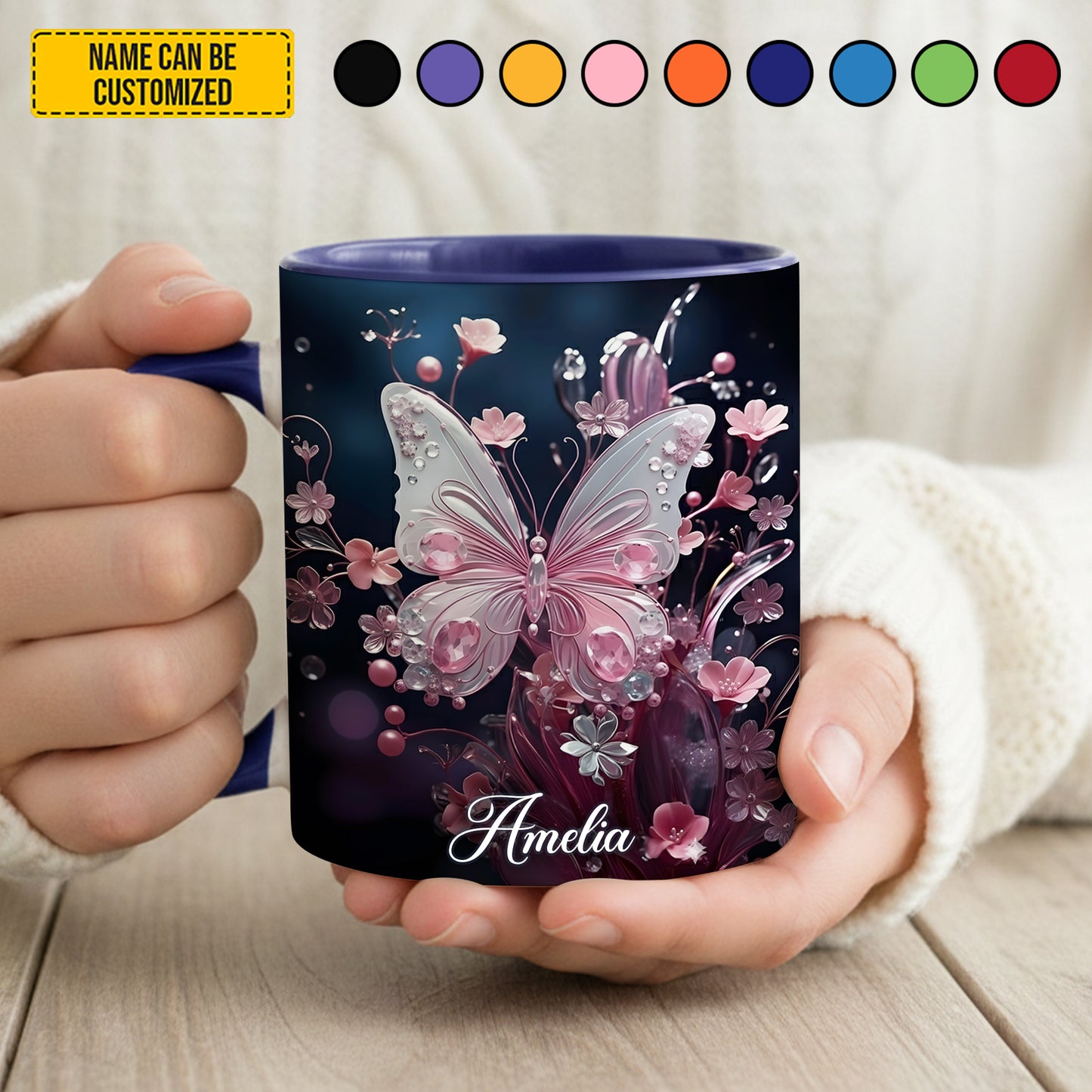 Flowers Butterflies - Personalized Butterfly Accent Mug