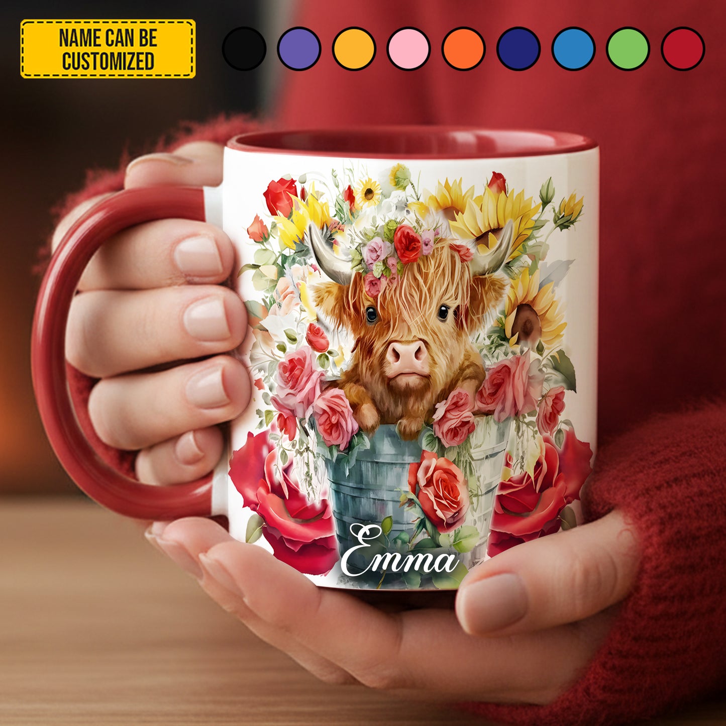 Cute Highland Cow Flowers - Personalized Cow Accent Mug