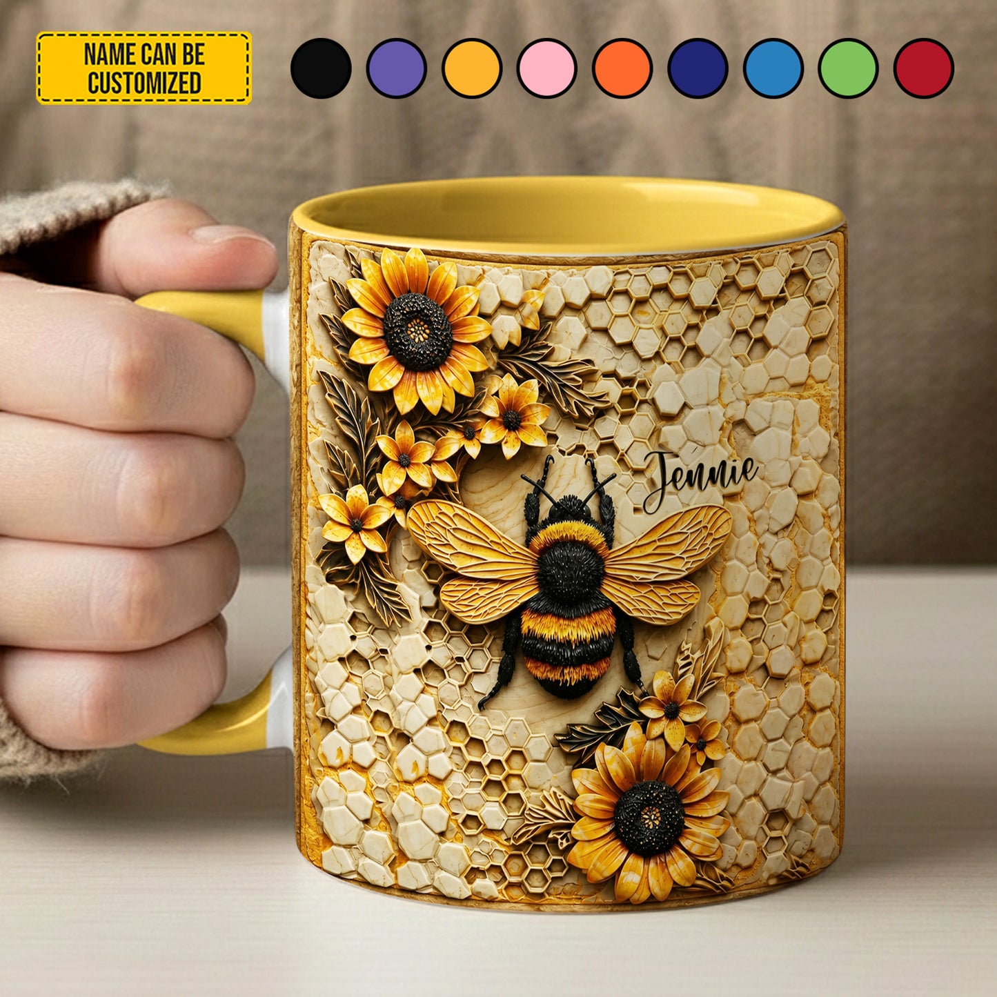 Personalized Bee & Sunflower Accent Mug