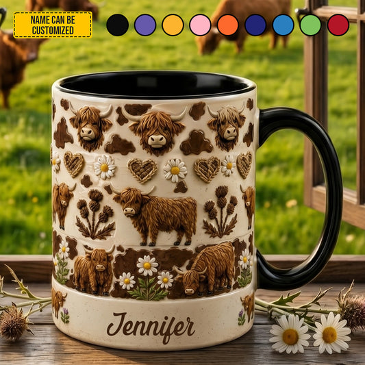 Personalized Highland Cow Floral Accent Mug