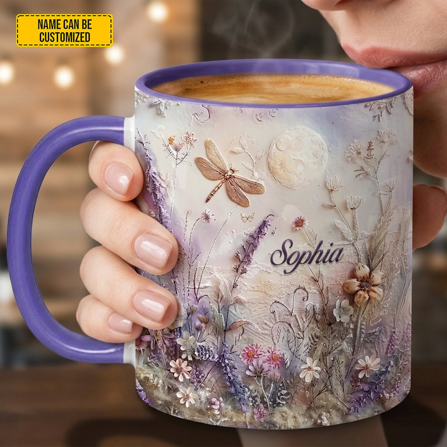Flower and Dragonfly - Personalized Dragonfly Accent Mug