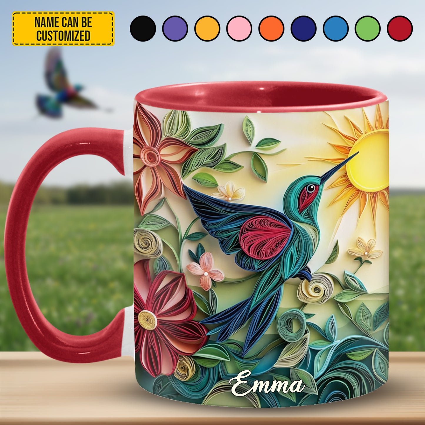 Hummingbird & Flowers - Personalized Hummingbird Accent Mug