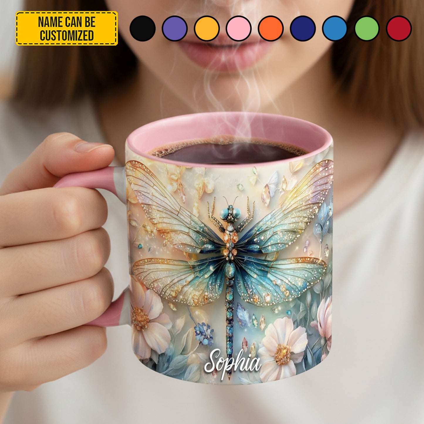 Colorful Dragonfly Flowers - Personalized Dragonfly Accent Mug