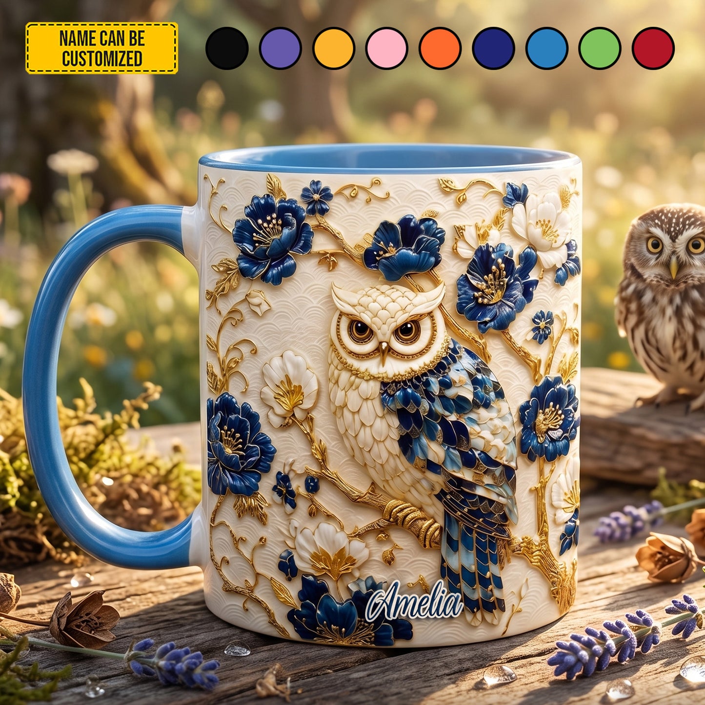 Personalized Owl Floral Accent Mug
