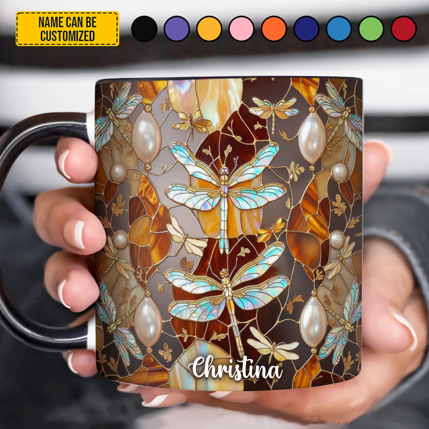 Colorful Dragonfly Stained Glass - Personalized Dragonfly Accent Mug