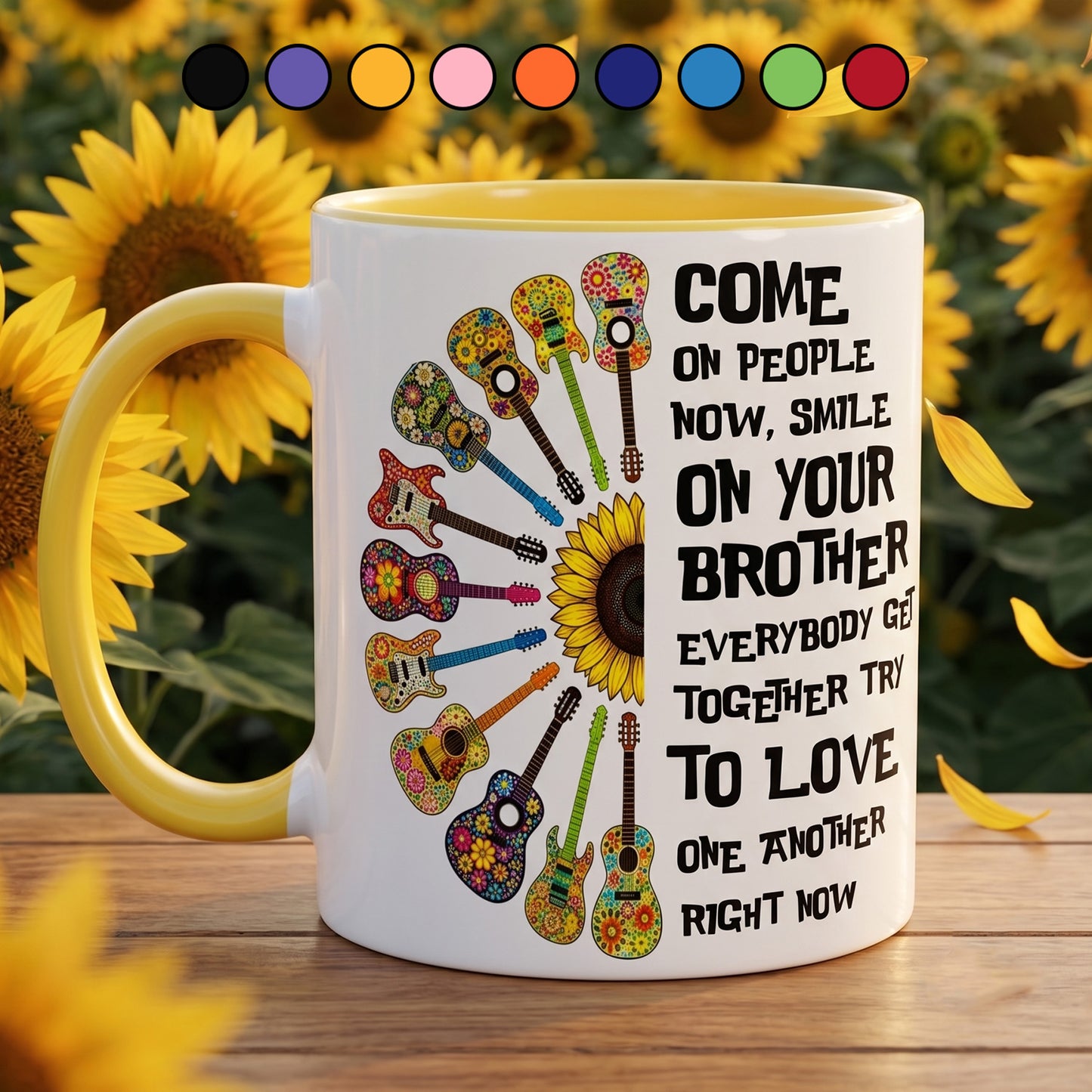 Come Together In Love – Hippie Guitar Sunflower Accent Mug