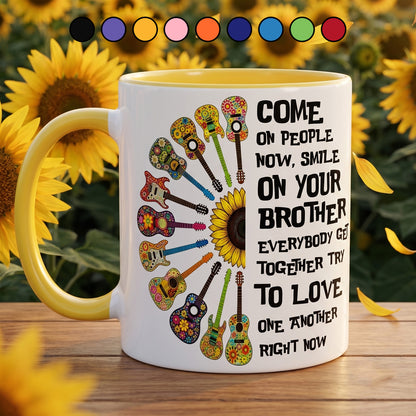 Come Together In Love – Hippie Guitar Sunflower Accent Mug