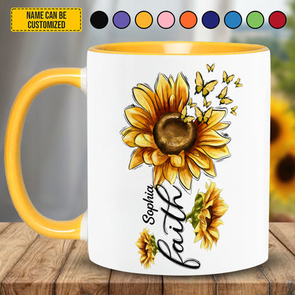 Sunflower With Butterfly FAITH - Personalized Sunflower Accent Mug