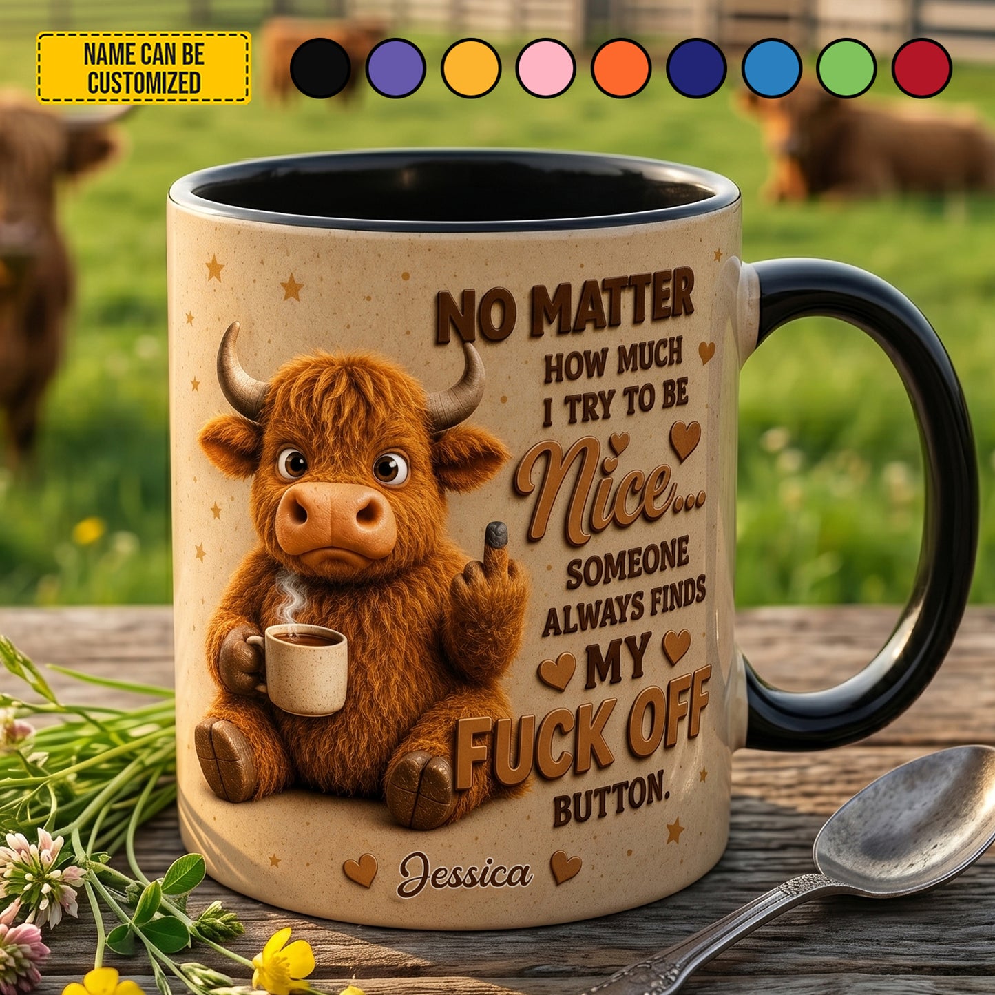 My F*ck Off Button – Personalized Highland Cow Accent Mug