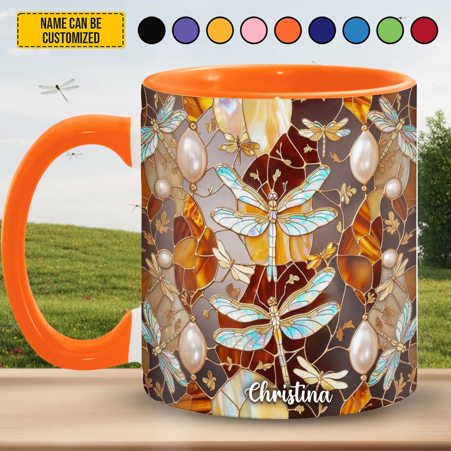 Colorful Dragonfly Stained Glass - Personalized Dragonfly Accent Mug