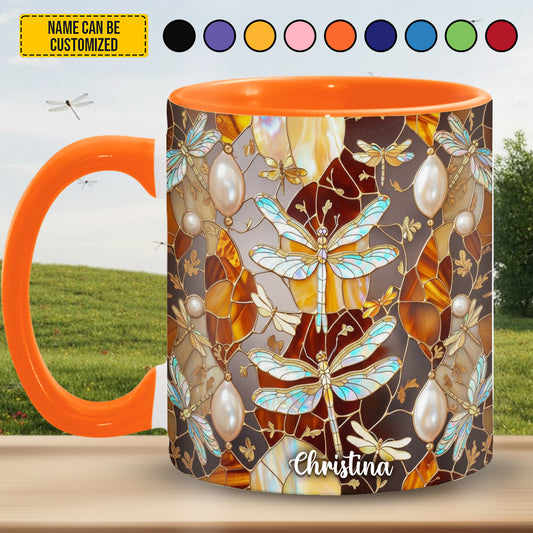 Colorful Dragonfly Stained Glass - Personalized Dragonfly Accent Mug
