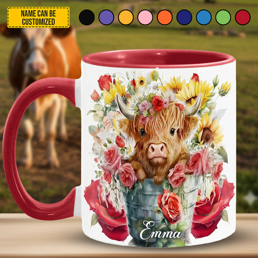 Cute Highland Cow Flowers - Personalized Cow Accent Mug