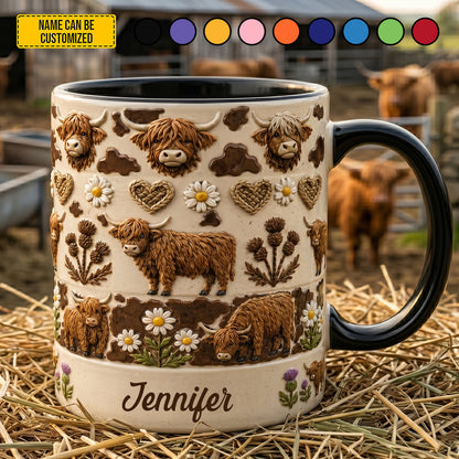 Personalized Highland Cow Floral Accent Mug