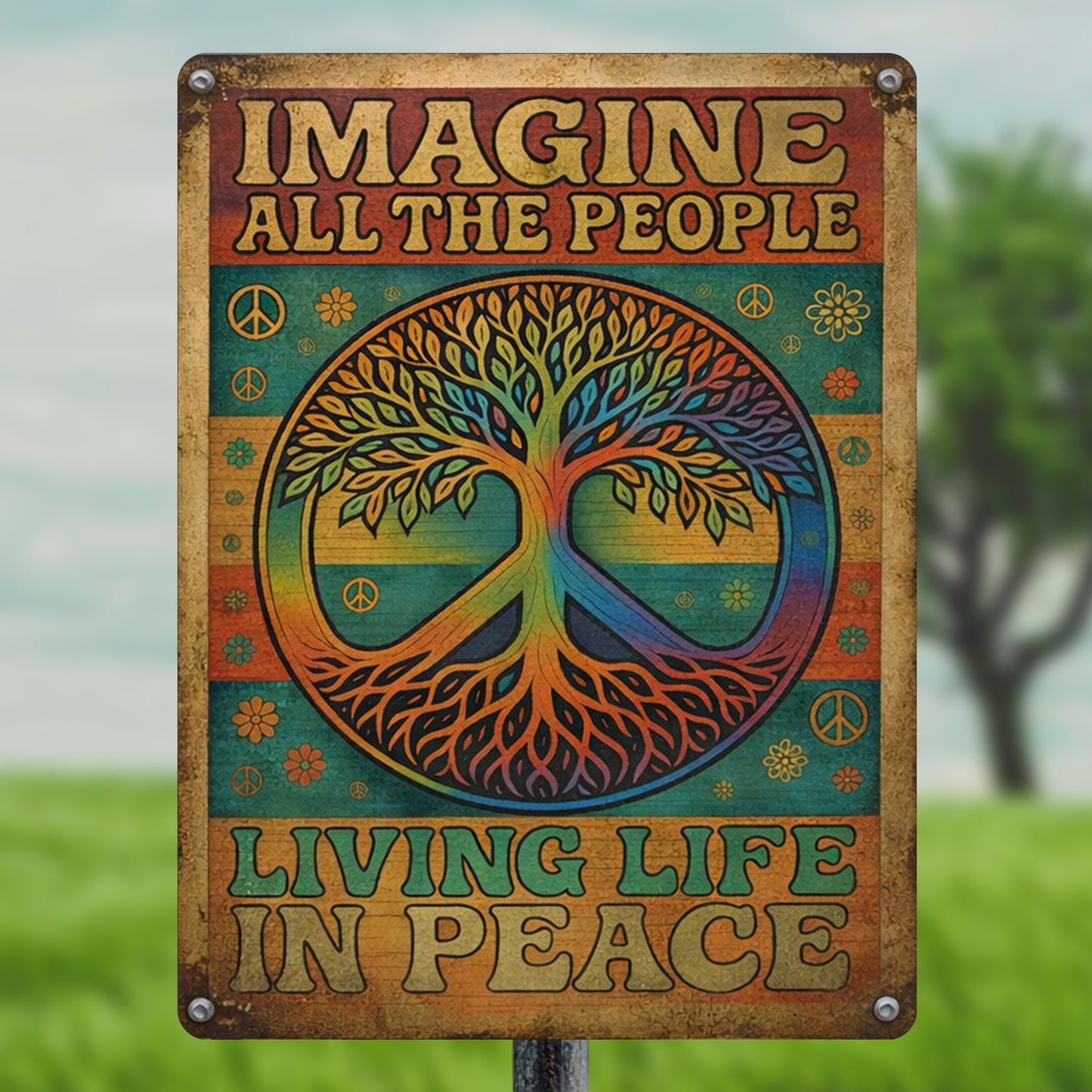 Imagine All The People Living Life In Peace - Hippie Metal Sign Version 3
